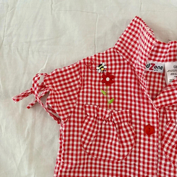Vintage Kids Zone Red Picnic Checkered Gingham Puff Sleeve Top Shirt Size 18M - Picture 4 of 5